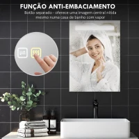 HOMCOM Espelho de Casa de Banho com Luz LED 70x50 cm 3 Cores de Luz Função Antiembaciamento Função de Memória IP44 Prata(m-6)