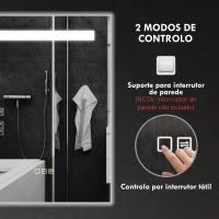 HOMCOM Espelho de Casa de Banho com Luz LED 70x50 cm 3 Cores de Luz Função Antiembaciamento Função de Memória IP44 Prata(m-8)
