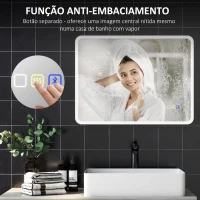 HOMCOM Espelho de Casa de Banho com Luz LED 80x60 cm Bluetooth 3 Cores de Luz Relógio Digital Função Antiembaciamento Função de Memória Prata(m-7)