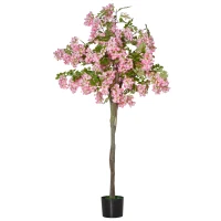 HOMCOM künstliche Pflanzen 150 cm Kunstpflanzen im Topf künstlicher Schnurbaum mit rosa Blumen Kunstpflanze Kunstbaum Zimmerpflanze Dekopflanze Büropflanze Kunststofftopf für drinnen und draußen(m-1)