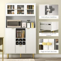 HOMCOM Armário de Cozinha Móvel Auxiliar de Cozinha Armário Alto com 3 Portas de Vidro Suporte para Garrafas 100x40x180 cm Branco(m-6)