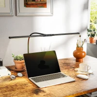 HOMCOM LED Desk Lamp with Clamp, Double Head Table Lamp with 3 Colour Modes & 10 Brightness Levels, Flexible Gooseneck Reading Desk Light with Timer and Memory Function for Study, Office, Work, Black(m-7)