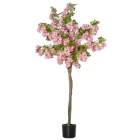HOMCOM künstliche Pflanzen 150 cm Kunstpflanzen im Topf künstlicher Schnurbaum mit rosa Blumen Kunstpflanze Kunstbaum Zimmerpflanze Dekopflanze Büropflanze Kunststofftopf für drinnen und draußen(m-8)