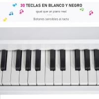 HOMCOM Piano de Cola Infantil de MDF con 30 Teclas Taburete y Atril de Partituras Piano para Niños Instrumento Musical Didáctico 52x50x49 cm Blanco(m-7)