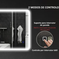HOMCOM Espelho de Casa de Banho com Luz LED 80x60 cm Bluetooth 3 Cores de Luz Relógio Digital Função Antiembaciamento Função de Memória Prata(m-9)