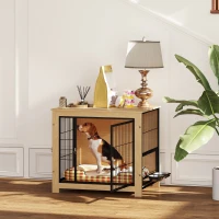 PawHut Gaiola para Cães Mesa Auxiliar Moderna com 2 Portas Suporte Giratório com 2 Tigelas para Cães Médios 80x60x68 cm Carvalho(m-2)