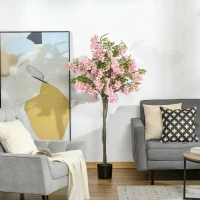 HOMCOM künstliche Pflanzen 150 cm Kunstpflanzen im Topf künstlicher Schnurbaum mit rosa Blumen Kunstpflanze Kunstbaum Zimmerpflanze Dekopflanze Büropflanze Kunststofftopf für drinnen und draußen(m-2)