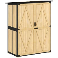Outsunny Gartenschrank aus Holz und Stahl, Outdoor-Werkzeugschrank mit Asphalt-Dach, 2 Regale, verschließbare Türen, Naturholz(m-1)