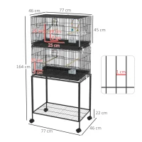 PawHut Gaiola Dupla e Empilhável para Pássaros 77x46x164 cm com Rodas Poleiros Bandeja Amovível Comedouros Baloiço e Escada Preto(m-3)