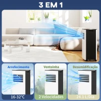 HOMCOM Ar Condicionado Portátil 3 em 1 9000 BTU Arrefecedor Ventoinha Desumidificador 24,1 L/Dia com 2 Velocidades 25m² Branco(m-5)