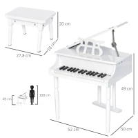 HOMCOM Piano de Cola Infantil de MDF con 30 Teclas Taburete y Atril de Partituras Piano para Niños Instrumento Musical Didáctico 52x50x49 cm Blanco(m-3)