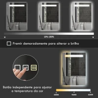 HOMCOM Espelho de Casa de Banho com Luz LED 70x50 cm 3 Cores de Luz Função Antiembaciamento Função de Memória IP44 Prata(m-5)