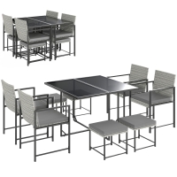 Outsunny Conjunto de Móveis de Jardim de Vime de 9 Peças com Mesa com Vidro Temperado 4 Cadeiras 4 Bancos Cinzento