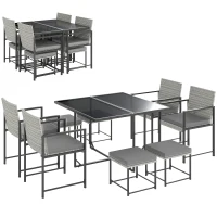Outsunny Conjunto de Móveis de Jardim de Vime de 9 Peças com Mesa com Vidro Temperado 4 Cadeiras 4 Bancos Cinzento(m-1)