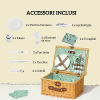 Outsunny Cestino da Picnic in Vimini per 2 Persone con Piatti, Calici, Cavatappi e Posate, 40x30x20 cm, Marrone(m-4)