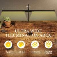 HOMCOM LED Desk Lamp with Clamp, Double Head Table Lamp with 3 Colour Modes & 10 Brightness Levels, Flexible Gooseneck Reading Desk Light with Timer and Memory Function for Study, Office, Work, Black(m-6)