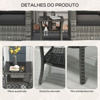 Outsunny Mesa de Vime Quadrada 50x50x45 cm Mesa de Jardim e Prateleira Tampo de Vidro Suporta 30 kg para Terraço Pátio Cinzento(m-7)