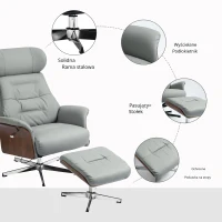 HOMCOM Fotel Wypoczynkowy z Podnóżkiem, Funkcja Leżenia, Obrotowy, Wygląd Skóry, do 150 kg, Jasnoszary(m-8)