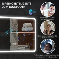 HOMCOM Espelho de Casa de Banho com Luz LED 70x50 cm Bluetooth 3 Cores de Luz Relógio Digital Função Antiembaciamento Função de Memória Prata(m-5)