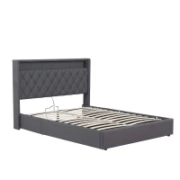 5ft Upholstered King Bed with Hydraulic Storage, LED Lighting, Charging Station, Button-Tufted Headboard, 219.5L x 165.5W x 120.5H cm, Grey(m-11)