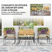 Outsunny Conjunto de Jardim em Vime com 2 Poltronas Sofá de 2 Lugares e Mesa com Bancada em Vidro Temperado Madeira e Preto(m-4)