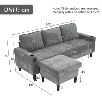L-Shaped Corner Sofa with USB Charging Ports, Cup Holders, Ergonomic 3-Seater Sectional Couch for Apartment, 202L x 137W x 80H cm, Grey(m-3)