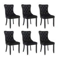 Set of 6 Velvet Dining Chairs with Button Tufted Backrest, Foot Pads, Solid Rubber Wood Legs, Wingback Design, 50L x 64W x 96H cm, Black(m-2)
