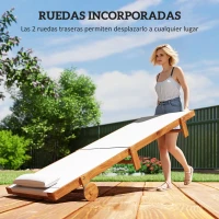 Outsunny Tumbona Reclinable de Madera con Ruedas Respaldo Ajustable y Cojín para Patio Terraza Balcón 200x84x101 cm Blanco y Teca(m-5)