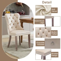 Set of 4 Velvet Upholstered Dining Chairs with Button Tufted Back, Brushed Wood Legs, Foot Pads, Wingback Design, 50L x 64W x 96H cm, Beige(m-4)