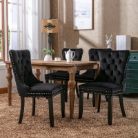 Set of 6 Velvet Dining Chairs with Button Tufted Backrest, Foot Pads, Solid Rubber Wood Legs, Wingback Design, 50L x 64W x 96H cm, Black
