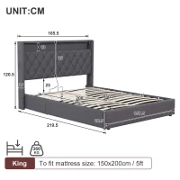 5ft Upholstered King Bed with Hydraulic Storage, LED Lighting, Charging Station, Button-Tufted Headboard, 219.5L x 165.5W x 120.5H cm, Grey(m-3)
