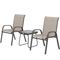 Outsunny 3 Pieces Outdoor Bistro Set, Patio Stackable Armchairs with Breathable Mesh Fabric and SPC Board Coffee Table, Brown(m-11)