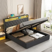5ft Upholstered King Bed with Hydraulic Storage, LED Lighting, Charging Station, Button-Tufted Headboard, 219.5L x 165.5W x 120.5H cm, Grey(m-1)