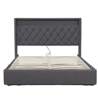 5ft Upholstered King Bed with Hydraulic Storage, LED Lighting, Charging Station, Button-Tufted Headboard, 219.5L x 165.5W x 120.5H cm, Grey(m-2)