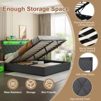 4ft6 Upholstered Double Bed Frame with Hydraulic Storage, LED Lighting, Charging Station, Side Pockets, 209.5L x 150.5W x 120.5H cm, Grey(m-5)