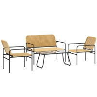 Outsunny Conjunto de Jardim em Vime com 2 Poltronas Sofá de 2 Lugares e Mesa com Bancada em Vidro Temperado Madeira e Preto(m-8)