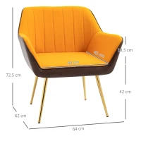 HOMCOM Poltrona de Sala de Estar Estofada em Couro Sintético e Veludo com Apoios para os Braços Pés Dourados 64x62x72,5 cm Amarelo(m-3)