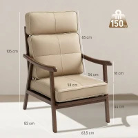 HOMCOM Poltrona de Sala de Estar Estofada em PU com Estrutura de Madeira Almofadas Acolchoadas Poltrona de Leitura 63,5x83x105 cm Caqui(m-3)