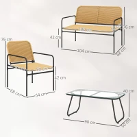 Outsunny Conjunto de Jardim em Vime com 2 Poltronas Sofá de 2 Lugares e Mesa com Bancada em Vidro Temperado Madeira e Preto(m-3)