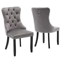 Set of 2 Velvet Dining Chairs with Knocker Ring, Button Tufted Backrest, Upholstered Chairs with Rubber Wood Legs, 50L x 64W x 96H cm, Grey(m-2)