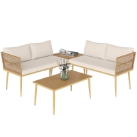Outsunny Set Salotto da Esterno in Rattan PE con 2 Divani a 2 Posti con Cuscini e 2 Tavoli da Caffè, Colore Legno