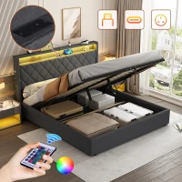 4ft6 Upholstered Double Bed Frame with Hydraulic Storage, LED Lighting, Charging Station, Side Pockets, 209.5L x 150.5W x 120.5H cm, Grey(m-7)