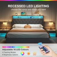 5ft Upholstered King Bed with Hydraulic Storage, LED Lighting, Charging Station, Button-Tufted Headboard, 219.5L x 165.5W x 120.5H cm, Grey(m-4)