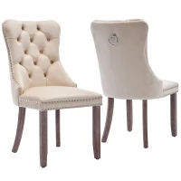 Set of 2 Velvet Upholstered Dining Chairs with Button Tufted Back, Brushed Wood Legs, Knocker Ring, Foot Pads, 50L x 64W x 96H cm, Beige(m-2)