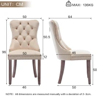 Set of 2 Velvet Upholstered Dining Chairs with Button Tufted Back, Brushed Wood Legs, Knocker Ring, Foot Pads, 50L x 64W x 96H cm, Beige(m-3)