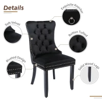 Set of 6 Velvet Dining Chairs with Button Tufted Backrest, Foot Pads, Solid Rubber Wood Legs, Wingback Design, 50L x 64W x 96H cm, Black(m-4)