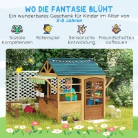AIYAPLAY Kinder speelhuis van dennenhout, Opvouwbare Speelhut met Vensters, Deur, voor Kinderen van 3-8 Jaar, Bruin+Blauw(m-4)