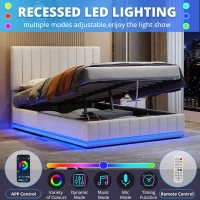 5ft Upholstered King Bed with Hydraulic Storage, RGB LED Lighting, Bed Frame with Adjustable Headboard, 203L x 157W x 111H cm, Cream White(m-7)