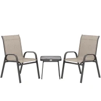 Outsunny 3 Pieces Outdoor Bistro Set, Patio Stackable Armchairs with Breathable Mesh Fabric and SPC Board Coffee Table, Brown(m-1)
