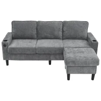L-Shaped Corner Sofa with USB Charging Ports, Cup Holders, Ergonomic 3-Seater Sectional Couch for Apartment, 202L x 137W x 80H cm, Grey(m-2)